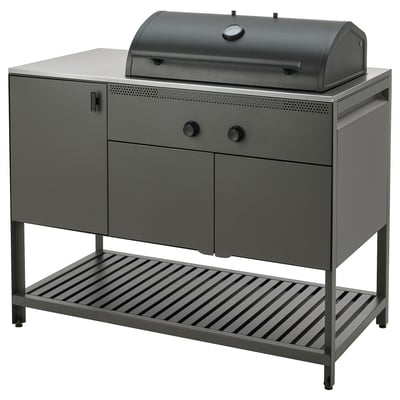 Modern mörkgrå utomhusköksuppsättning. Integrerad grill, förvaringsskåp och ribbelhylla. Slank, funktionell design för hållbarhet och stil.