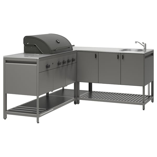 BÅTSKÄR Utekök med gasgrill+diskbänksenhet, mörkgrå, 180x180 cm