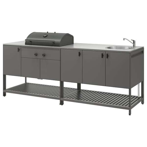 BÅTSKÄR Utekök med kolgrill+diskbänksenhet, mörkgrå, 240x60 cm