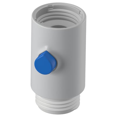 En duschbooster från BERGVATTNET. Den är grå med en blå knapp, gjord av plast. Cylindrisk form, designad för att förbättra vattenflödet.