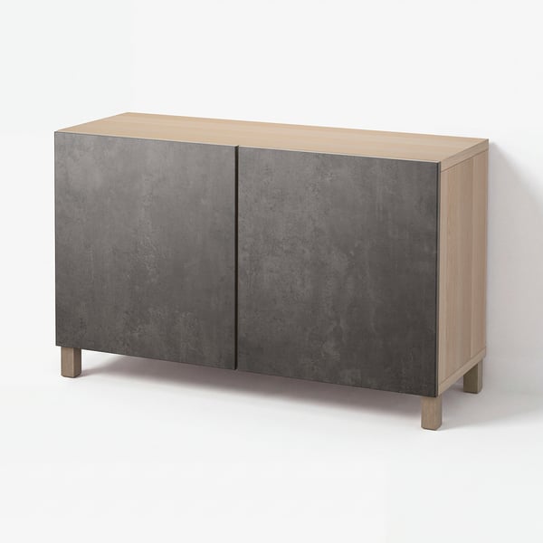 BESTÅ Förvaring med dörrar, vitlaserad ekeffekt Kallviken/Stubbarp/mörkgrå betongmönstrad, 120x42x74 cm
