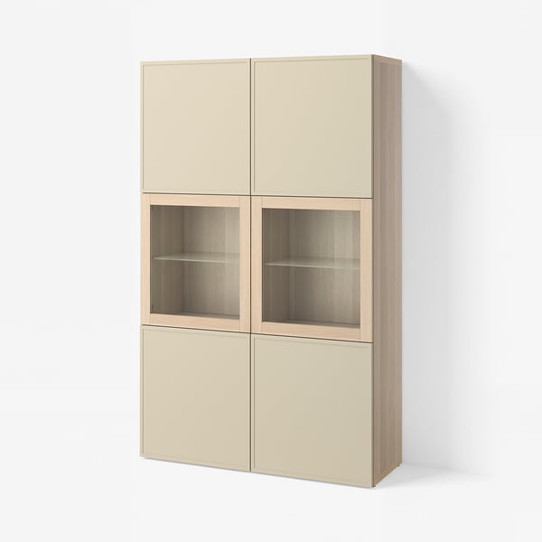 BESTÅ Förvaringskombination med glasdörr, vitlaserad ekeffekt/Krukmakare beige, 120x42x193 cm