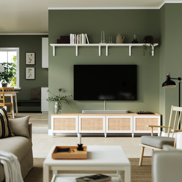 BESTÅ Tv-bänk med dörrar, vit/Studsviken/Kabbarp poppelväv, 240x42x50 cm