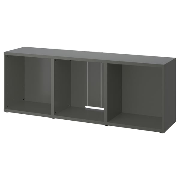 Grå BESTÅ tv-bänk, rektangulär, öppna hyllor, robust design.