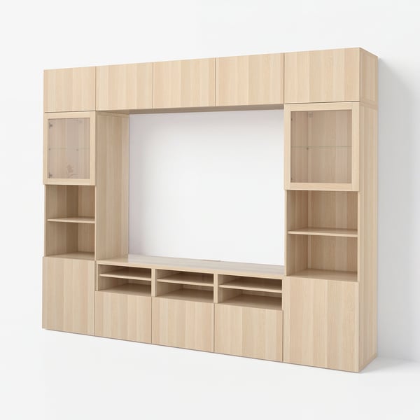 BESTÅ Tv-förvaring kombination/glasdörrar, vitlaserad ekeffekt/Lappviken vitlaserad ekmönstrat klarglas, 300x42x231 cm