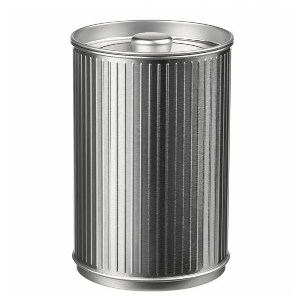 En cylindrisk, silverfärgad papperskorg. Den har vertikala, räfflade mönster och ett rundat lock. Designen är metall med en glänsande, polerad yta.