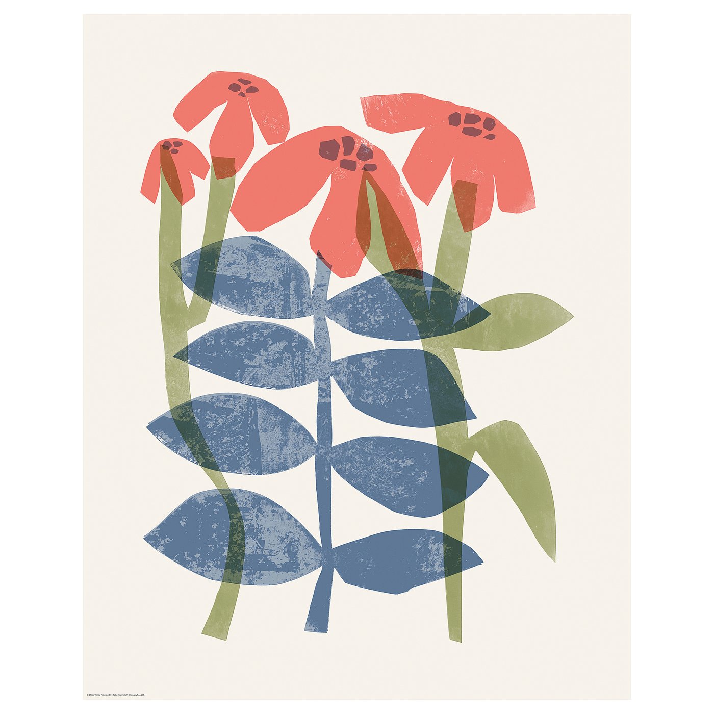Livfullt botaniskt tryck med korallblommor och blå blad på vitt papper.