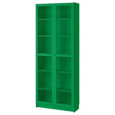 Grön BILLY bokhylla med glasdörrar, modern design.