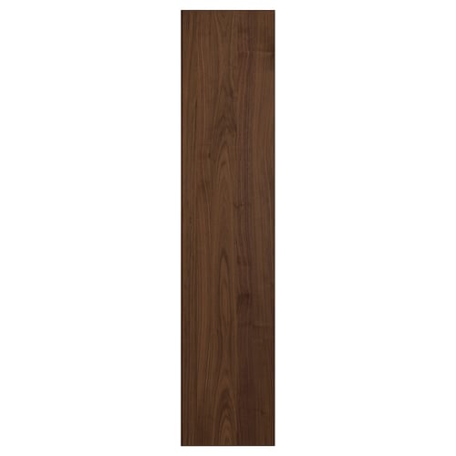 Mörk valnötsfaner pax garderobsdörr med massiva träkanter, rektangulär form, sliten design.