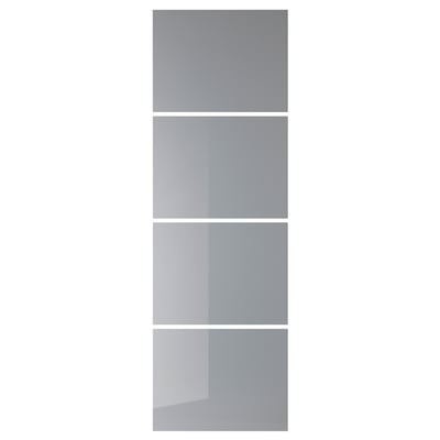 Visar en uppsättning vitrinskåpsdörrar BJÖRNÖYA i grått, med frostade glaspaneler med en elegant, modern design.