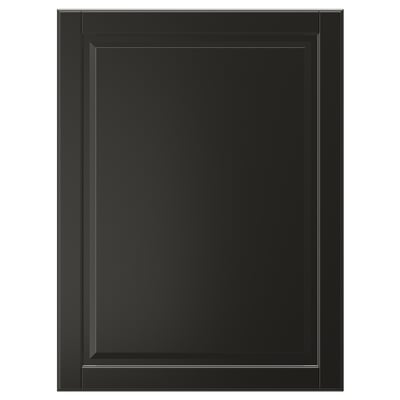 En svart, rektangulär skåpslucka BODBYN med en slät, lackerad yta och en klassisk fasad paneldesign.