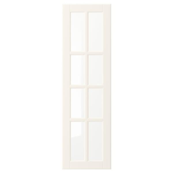 En vit dörr BODBYN med en klassisk, fasad design. Den är gjord av fiberplatta och glas, med en slät, benvit yta.