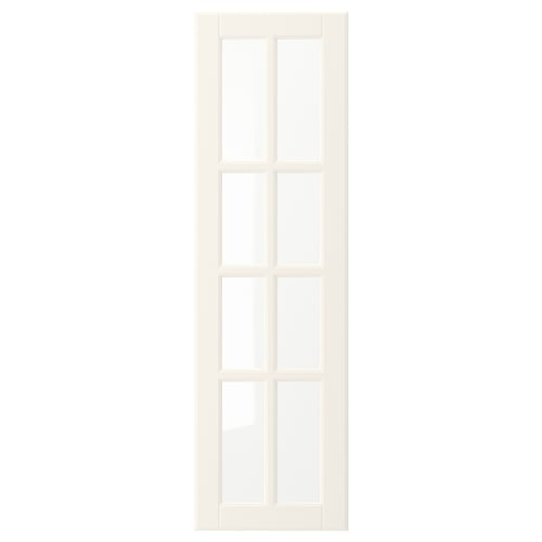 En vit dörr BODBYN med en klassisk, fasad design. Den är gjord av fiberplatta och glas, med en slät, benvit yta.