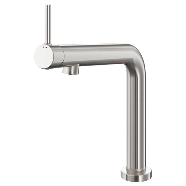 En BOSJÖN kran i rostfritt stål med en elegant design, med ett topphandtag och en modern l-formad pip.