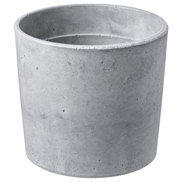 Grå betongplanterare - rund, spräcklig, frostbeständig.
