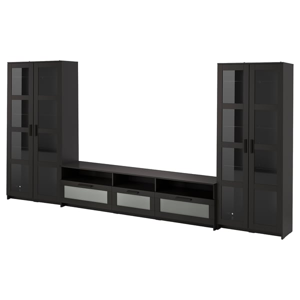 Svart BRIMNES tv-bänk med glasdörrar och lådor, slimmad design.