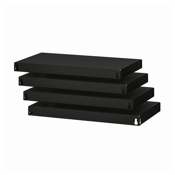 Svarta BROR-hyllor, stapel med fyra rektangulära metallhyllor, robust design.