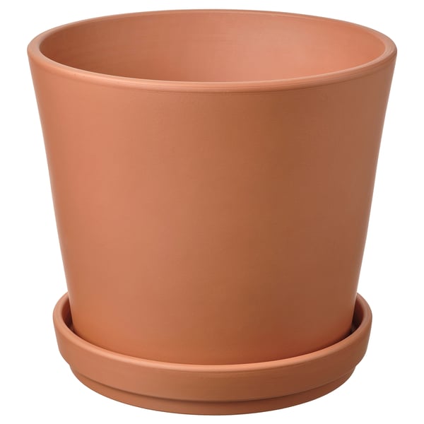 Planteringskärl med terrakotta, BRUNBÄR. Rund, slät design med fat, perfekt för växter.