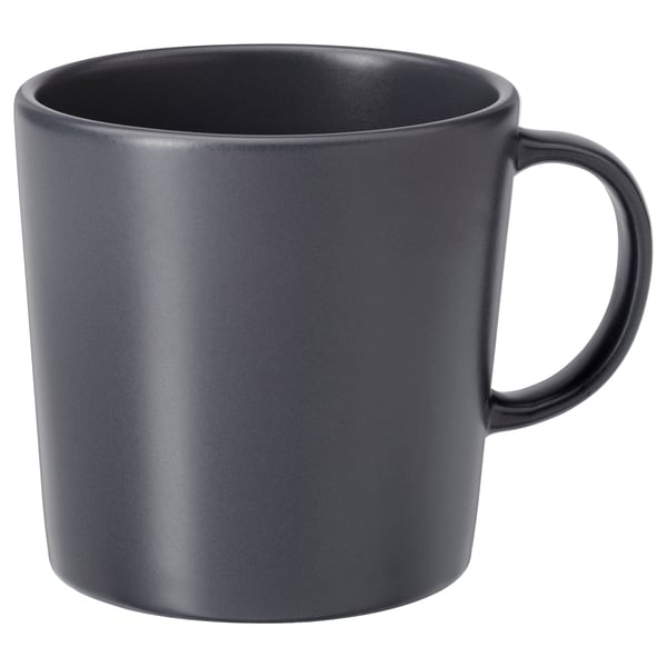 Mörkgrå DINERA mugg, matt glaserad keramik, enkel cylindrisk form med d-format handtag.