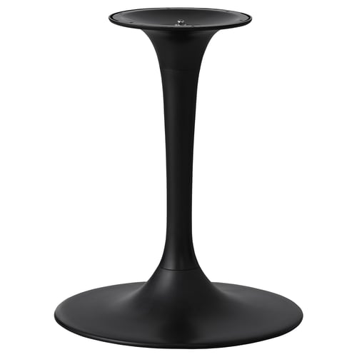 Svart modernt bordsstativ, hög elegant pelare, cirkulär bas och skiva.