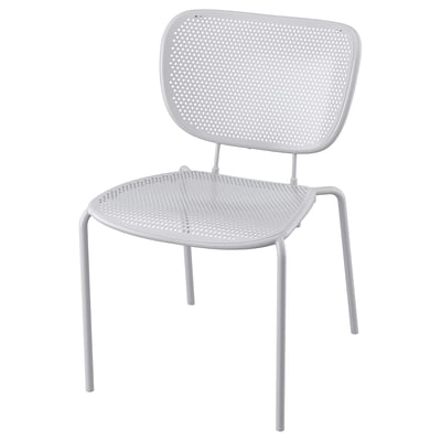 Modern DUVSKÄR stapelbar stol, ljusgrå, metall och plast, perforerad sits och rygg.