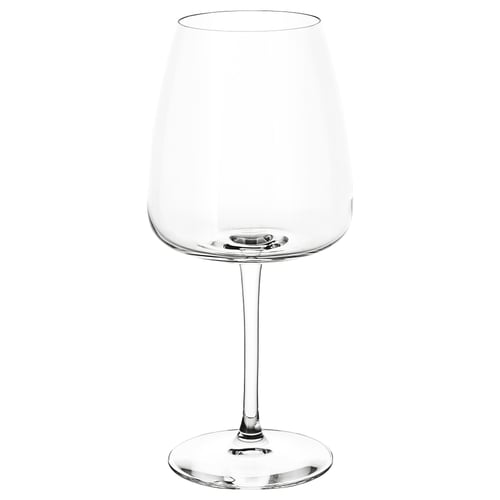 Klart, elegant vinglas med lång stjälk och rund skål.