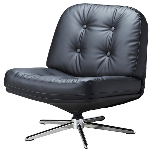 DYVLINGE: snurrstol i svart läder med 5-ekrad bas, tuftad rygg, modern design.