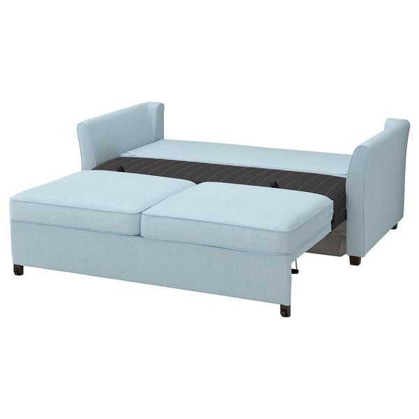 Ljusblå EKHOLMA-soffa med ben, rektangulär form, mjuka kuddar, modern design.