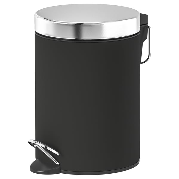 EKOLN svart pedalbehållare, elegant och böjd design, lock i rostfritt stål, smidig stängning, hållbara material, badrum / kök lämpligt.