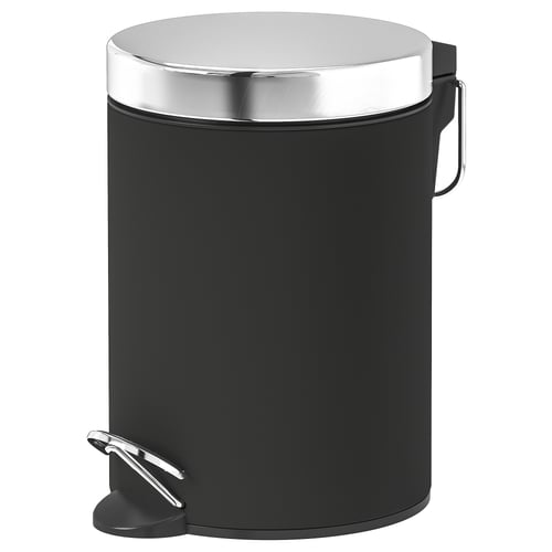 EKOLN svart pedalbehållare, elegant och böjd design, lock i rostfritt stål, smidig stängning, hållbara material, badrum / kök lämpligt.