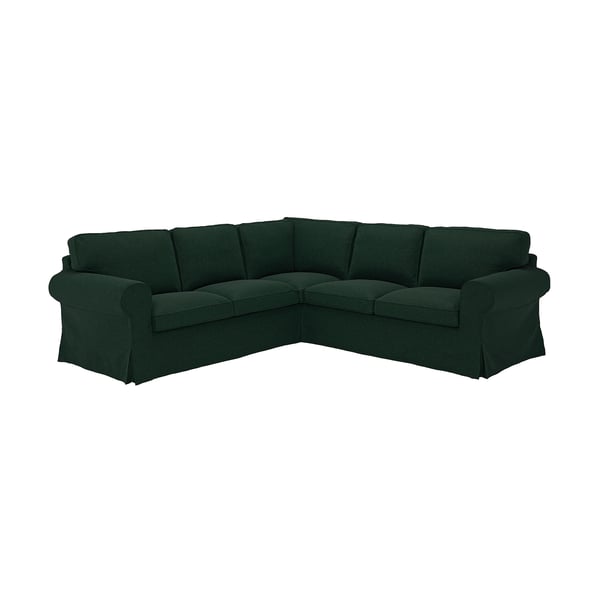 Mörkgrön hörnsoffa, plyschkuddar, rullade armar. Tidlös och skön EKTORP design.