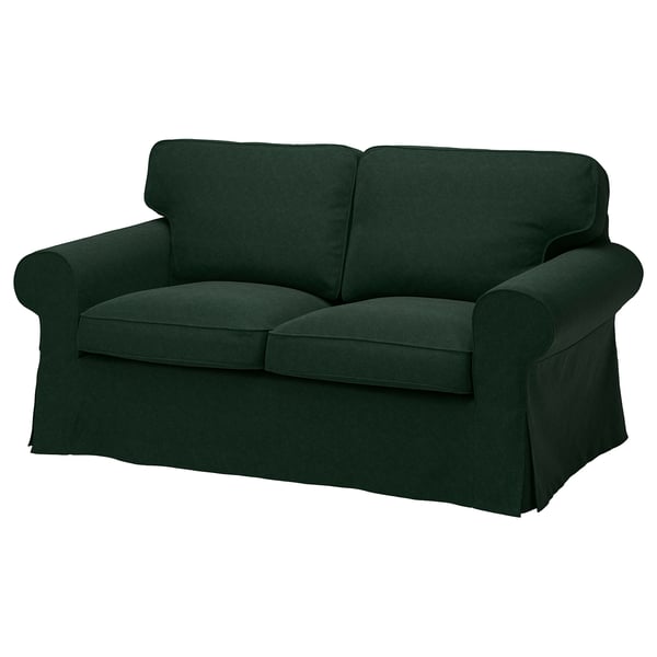 Mörkgrön EKTORP loveseat med rullade armar och sköna dynor.