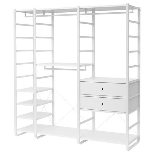 En vit ELVARLI modulär förvaringsmöbel med hyllor och lådor.