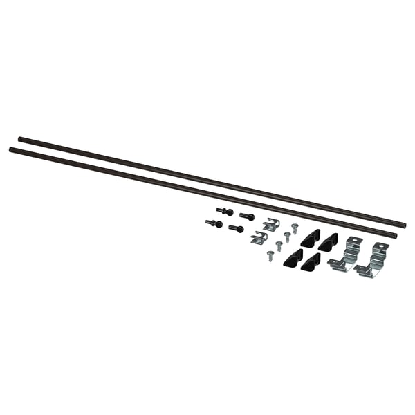 Monteringssats för köksön ENHET. Två långa svarta stödskenor, konsoler och skruvar i svart och silver, allt prydligt ordnat.