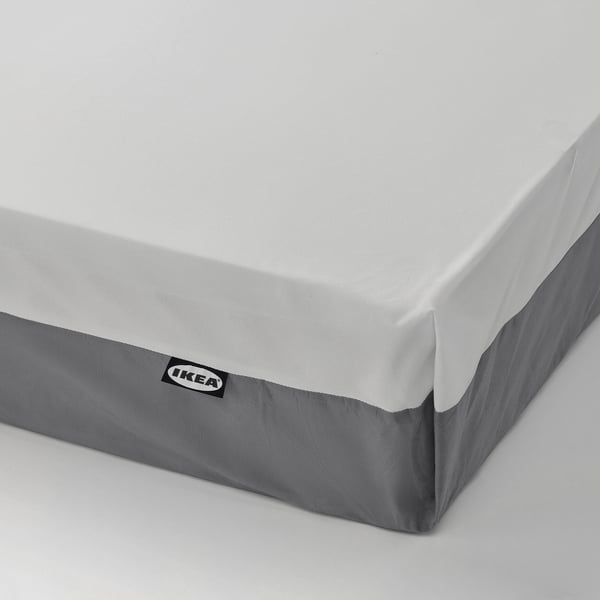 IKEA rullmadrass med vit topp, grå sidor, 5 komfortzoner för stöd.