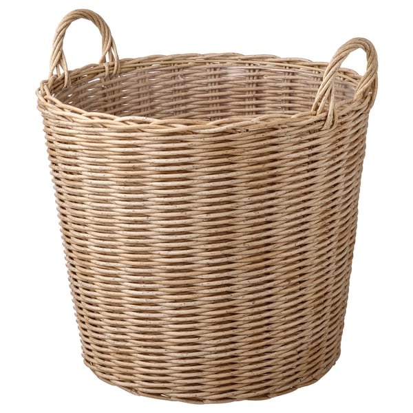 Handvävd flätad korg, naturlig beige, cirkulär, två handtag. Perfekt för förvaring eller dekoration.