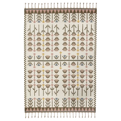 Mattan FODERLOSTA, beige med pastellfärgade blommor, ull och linne, rektangulär, handvävd.