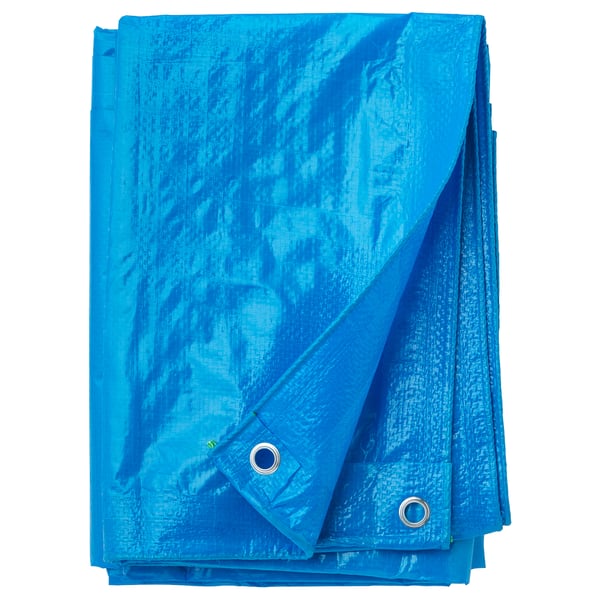 Blå FRAKTA tarp, rektangulär, slitstark plast med öljetter, skyddar mot fukt och smuts.