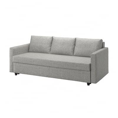 FRIHETEN grå bäddsoffa med dold förvaring, modern minimalistisk design.