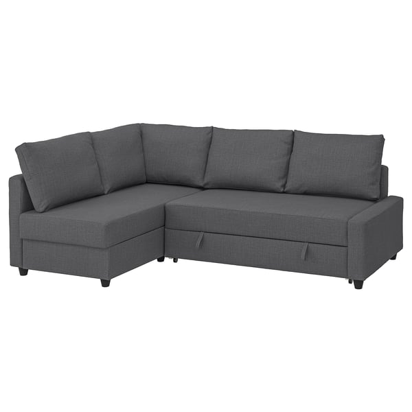 Mörkgrå FRIHETEN 3-i-1 bäddsoffa. Modern, L-formad design med schäslong.