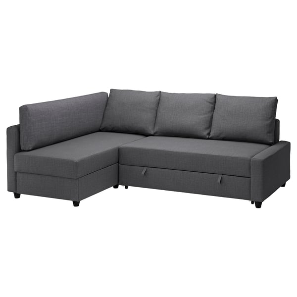 Grått tyg l-formad bäddsoffa med träben, 3 kuddar, hörndesign, omvandlas till säng.
