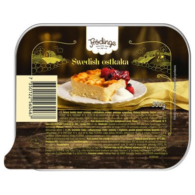 FRÖDINGE svensk ostkaka förpackning. Visar en skiva cheesecake med bär på en gul duk.