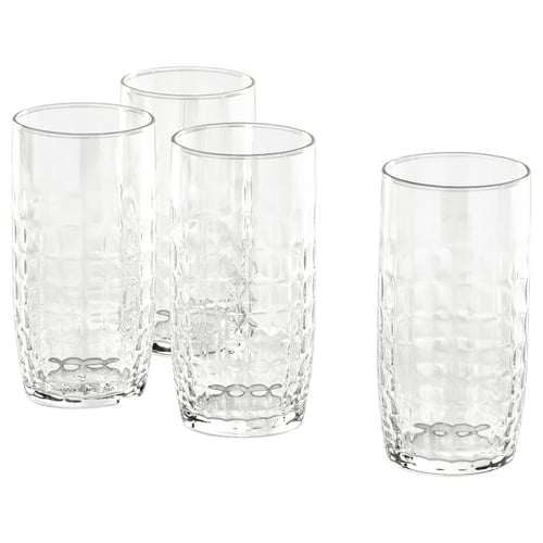 Set med 4 klara, höga, fasetterade glaskoppar.
