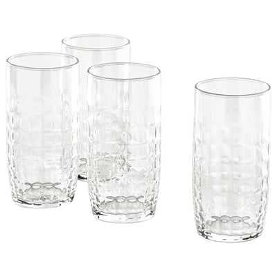 Set med 4 klara, höga, fasetterade glaskoppar.