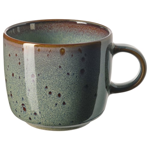Hantverksmässig mugg, serie GLADELIG, grönbrun glasyr, stengods, rund form, rustik design.