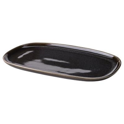 Tallrik GLADELIG, mörkgrå, oval, stengods med reaktiv glasyr, enkel elegant design.