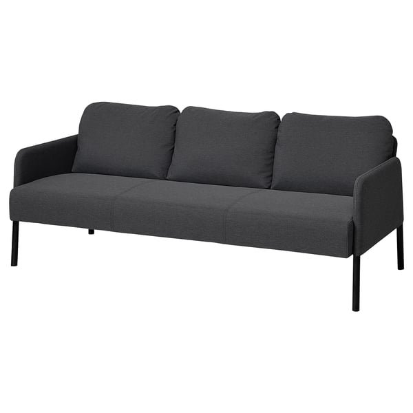 GLOSTAD soffa: modern grå tygsoffa med vadderade sitsar och rygg, stödd av svarta metallben, som erbjuder komfort och stil.