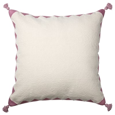 GOKVÄLLÅ kuddfodral, cremefärgat med lila accenter, fyrkantig form, med broderade kanter och hörntofsar.