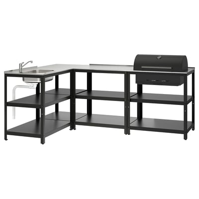 Ett svart GRILLSKÄR utomhuskök med diskho, hyllor och grill. Modern design, hållbar stålkonstruktion.