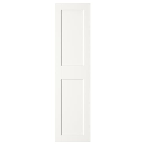 Visar GRIMO, en vit dörr med två paneler i modern och klassisk design, med en ram med fasade kanter.
